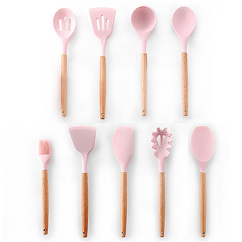 9/10 / 12PCS Utensilios de cocina de silicona Set Espátula antiadherente Pala Mango de madera Herramientas de cocina Set con caja de almacenamiento Herramientas de cocina