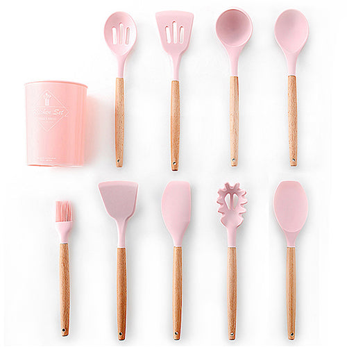 9/10 / 12PCS Utensilios de cocina de silicona Set Espátula antiadherente Pala Mango de madera Herramientas de cocina Set con caja de almacenamiento Herramientas de cocina