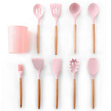 9/10 / 12PCS Utensilios de cocina de silicona Set Espátula antiadherente Pala Mango de madera Herramientas de cocina Set con caja de almacenamiento Herramientas de cocina