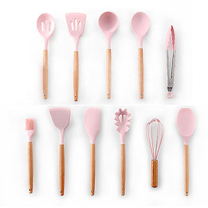 9/10 / 12PCS Utensilios de cocina de silicona Set Espátula antiadherente Pala Mango de madera Herramientas de cocina Set con caja de almacenamiento Herramientas de cocina
