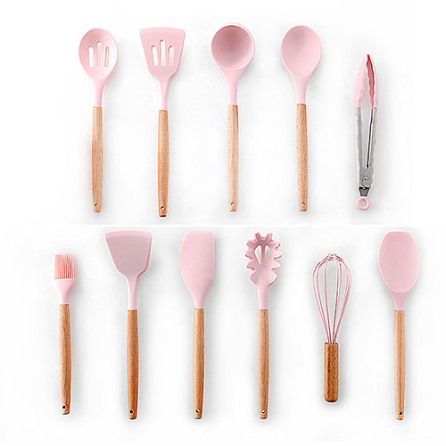 9/10 / 12PCS Utensilios de cocina de silicona Set Espátula antiadherente Pala Mango de madera Herramientas de cocina Set con caja de almacenamiento Herramientas de cocina