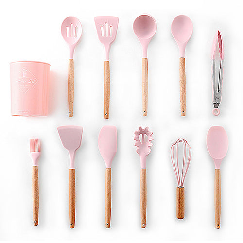9/10 / 12PCS Utensilios de cocina de silicona Set Espátula antiadherente Pala Mango de madera Herramientas de cocina Set con caja de almacenamiento Herramientas de cocina