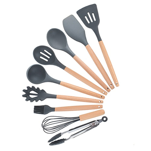 9/10 / 12PCS Utensilios de cocina de silicona Set Espátula antiadherente Pala Mango de madera Herramientas de cocina Set con caja de almacenamiento Herramientas de cocina