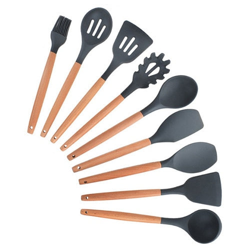 9/10 / 12PCS Utensilios de cocina de silicona Set Espátula antiadherente Pala Mango de madera Herramientas de cocina Set con caja de almacenamiento Herramientas de cocina