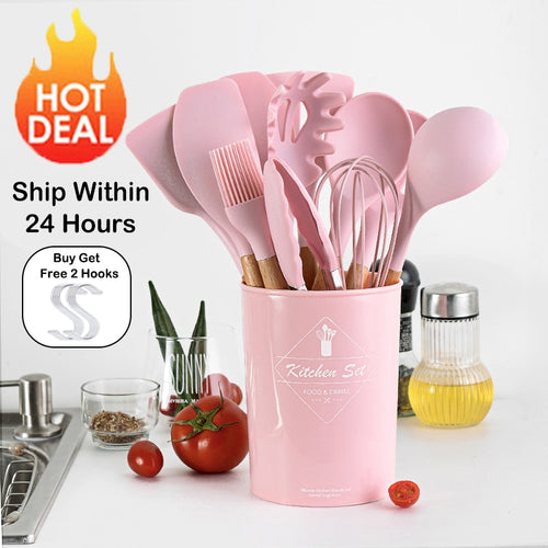 9/10 / 12PCS Utensilios de cocina de silicona Set Espátula antiadherente Pala Mango de madera Herramientas de cocina Set con caja de almacenamiento Herramientas de cocina
