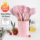 9/10 / 12PCS Utensilios de cocina de silicona Set Espátula antiadherente Pala Mango de madera Herramientas de cocina Set con caja de almacenamiento Herramientas de cocina