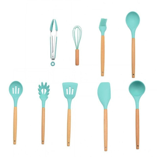 9/10 / 12PCS Utensilios de cocina de silicona Set Espátula antiadherente Pala Mango de madera Herramientas de cocina Set con caja de almacenamiento Herramientas de cocina