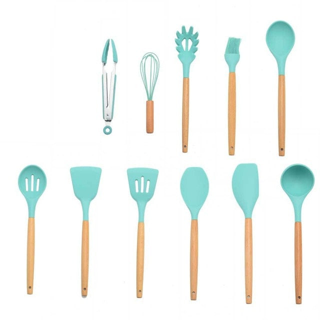 9/10 / 12PCS Utensilios de cocina de silicona Set Espátula antiadherente Pala Mango de madera Herramientas de cocina Set con caja de almacenamiento Herramientas de cocina