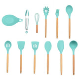 9/10 / 12PCS Utensilios de cocina de silicona Set Espátula antiadherente Pala Mango de madera Herramientas de cocina Set con caja de almacenamiento Herramientas de cocina