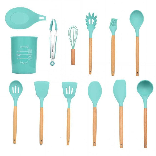 9/10 / 12PCS Utensilios de cocina de silicona Set Espátula antiadherente Pala Mango de madera Herramientas de cocina Set con caja de almacenamiento Herramientas de cocina